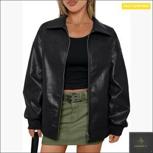 Oversized Faux Leather Bomber Jacket Zip Up Long Sleeve Aviator Coat